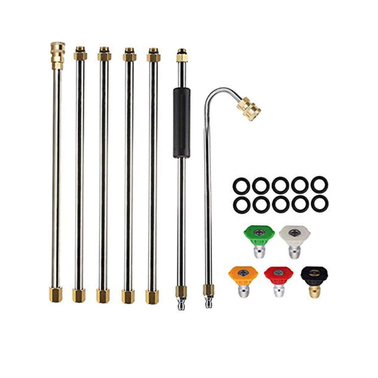 Set of pressure washer nozzles and attachments on a white background