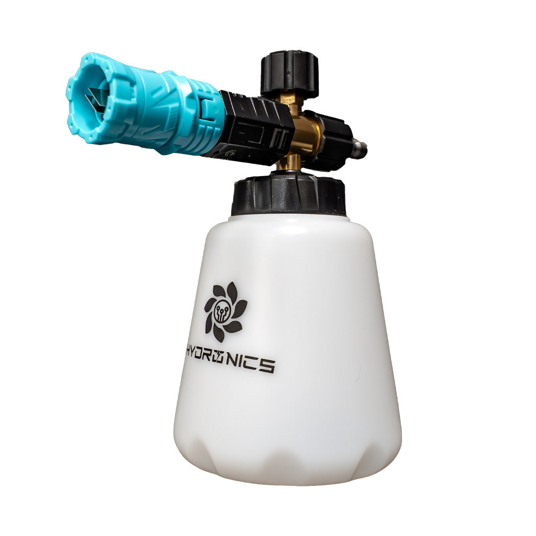 Foam cannon with blue nozzle and black and gold accents on a white background